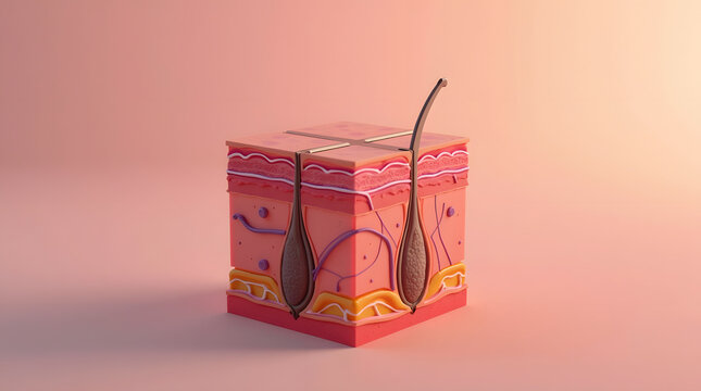 Anatomical illustration of human skin layers in vibrant colors, showcasing follicles and nerves in a stylized cube form.