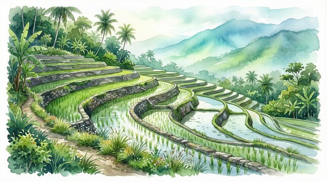 Watercolor Painting of Lush Green Rice Terraces in Tropical Mountains