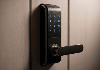 Electronic keypad door lock on wooden door