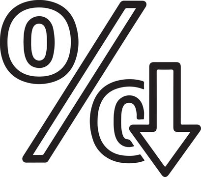 Percentage sign with down arrow icon, concept of discount or decrease