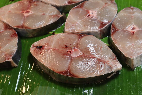 Close-up of sliced mackerel or kingfish steaks at a market.