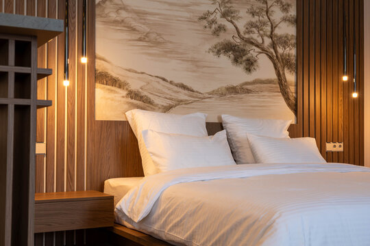 Cozy Modern Bedroom with White Bedding and Warm Lighting