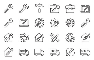 Fototapeta premium Set of line icons for repair services including tools, construction, vehicles and homes