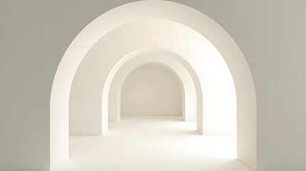 A serene, minimalist interior showcasing graceful archways in a clean, white space, evoking calm and simplicity.