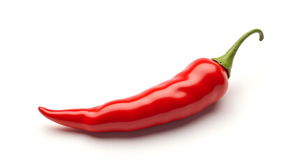 A vibrant red chili pepper lying on a smooth surface, showcasing its glossy texture and curved shape.