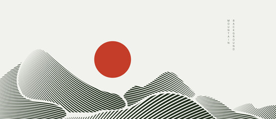 Mountain landscape vector background with minimal line hills with red sun and soft gray background in gray and white and black. Minimal design for poster, branding, cover, template. © TWINS DESIGN STUDIO