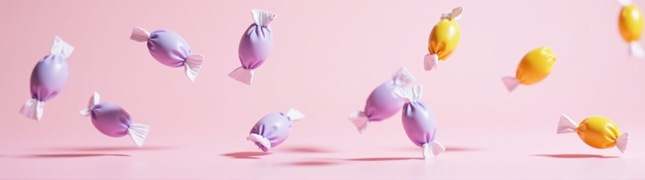 Many candis flying in the air on a pink surface food background banner