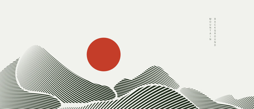 Mountain landscape vector background with minimal line hills with red sun and soft gray background in gray and white and black. Minimal design for poster, branding, cover, template.