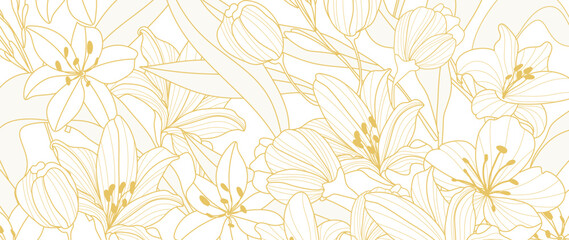 Lily floral line art vector pattern background with gold outline flowers on cream white backdrop. Elegant luxury design for wedding invitations, greeting cards, stationery, wallpaper and packaging. © TWINS DESIGN STUDIO