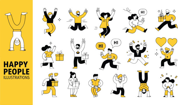 Happy People Vector Illustration Set, Joyful Corporate Memphis Characters Celebrating Love, Success, Milestones, and Positive Emotions for Social Media and Marketing