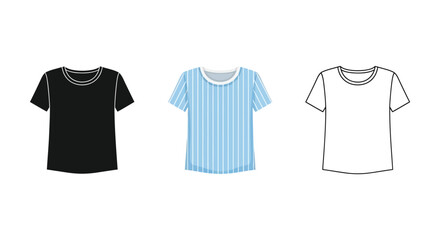 Set of three t-shirt illustrations in black, blue striped, and outline
