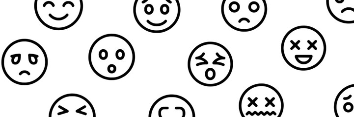 Emojis hand-drawn set with various facial expressions and emotions, including happy, sad, surprised, and angry faces, illustrated with simple black lines