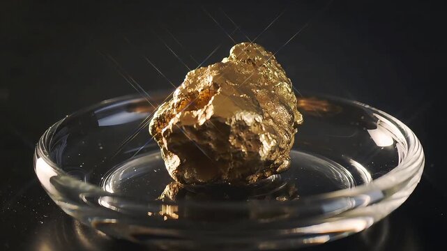 Golden Nugget Closeup Shining on Glass Plate with Reflections and Light Rays