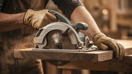 Carpenter Cutting Wood with Electric Saw
