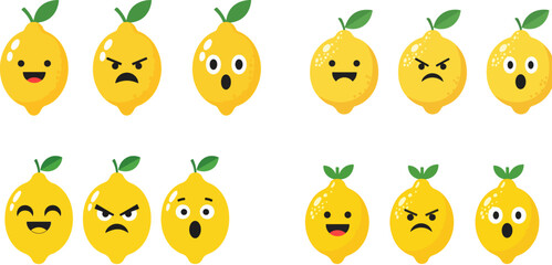 Obraz premium Collection of cute cartoon lemon characters displaying various expressive faces like happy surprised angry and neutral emotions for fun design projects.