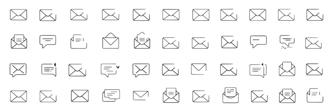 Mail icons outline set with envelope, open letter, message bubbles and document symbols in minimal thin line style for email, inbox, communication UI and web app design