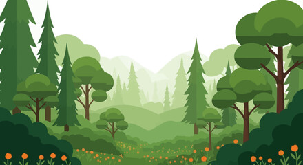 Stylized Green Forest Landscape with Hills and Small Flowers, Flat Vector Illustration © Joko
