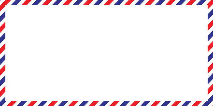 Airmail Envelope frame images with strips. International vintage letter border. Retro air mail postcard with blue and red stripes.  Empty classic postal frame. Vector illustration