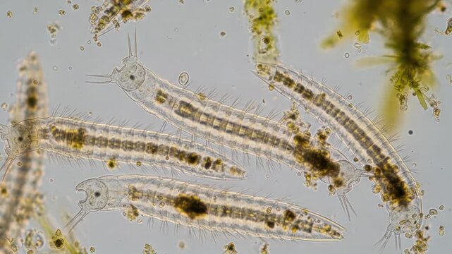 Microscopic view of mosquito larvae teeming in murky water with debris