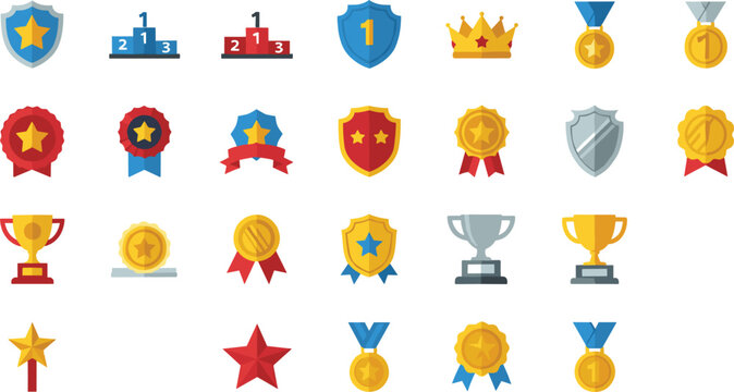 Achievement Awards Icon Set with Trophies, Medals, Badges, Shields, Crowns, Stars, and Prize Symbols for Apps, Games, Rankings, and UI Design