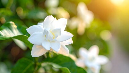 Fototapeta premium Close-up of a delicate white jasmine flower blooming in soft sunlight.