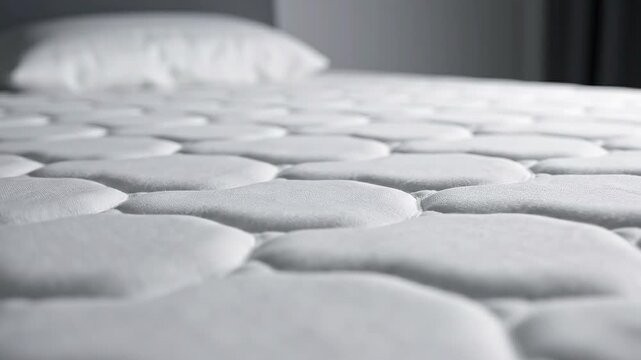 White quilted mattress surface with a comfortable textured pattern and a blurred pillow in the background, suggesting softness and good sleep.