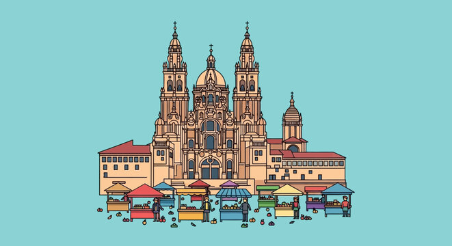 Discover the Majestic Santiago de Compostela Cathedral, a UNESCO World Heritage Site, a Pilgrimage Destination with Bustling Market Stalls in the Foreground, an Iconic Architectural Marvel