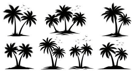 Obraz premium Collection of Silhouetted Tropical Palm Trees on Islands with Birds Flying in Sky