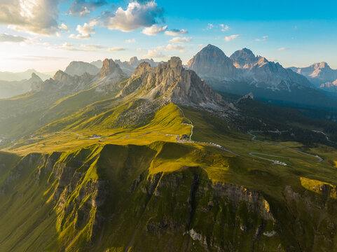 Sunset landscape over Passo Giau with Ra Gusela and Nuvolau peaks, Dolomites, Italy