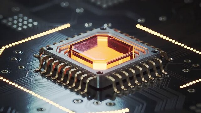 Closeup of glowing tech computer processor chip on circuit board with illuminated pins and