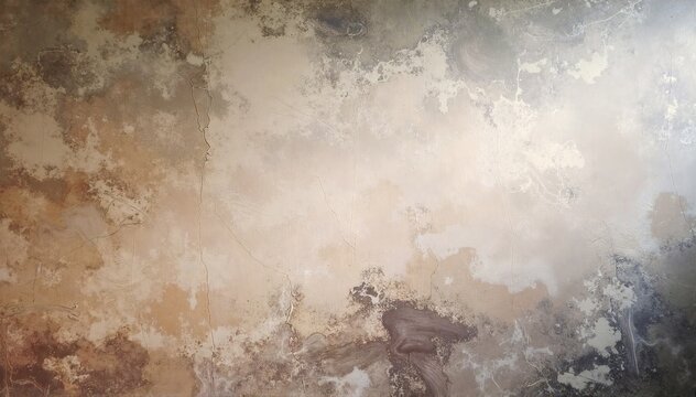 a weathered wall with peeling white paint revealing rough brown patches and aged texture underneath