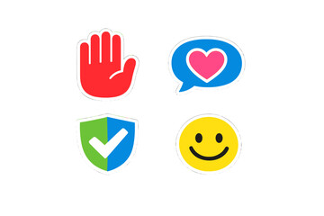 Obraz premium Stickers showing symbols of caution, communication, security, and happiness on a simple background