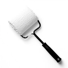 Fototapeta premium White paint roller with a black handle against a white background.
