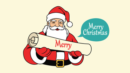 Jolly cartoon santa claus with a white beard holding a merry christmas scroll and greeting everyone with a festive speech bubble.