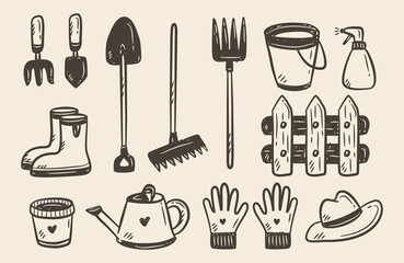 Gardener tools doodle set. Collection of gardening equipments hand drawn illustration. Garden item kits for plant care and backyard cleaning. Shovel, fork, rake, boots, watering can, fence icons.