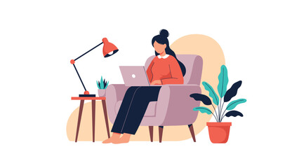 Fototapeta premium Young woman working comfortably from home on laptop while sitting in cozy armchair with desk lamp and houseplant in a minimalist room.