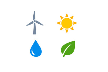 Naklejka na ściany i meble Renewable energy symbols show wind, sun, water, and plants as important sources for sustainable living and energy production in many countries