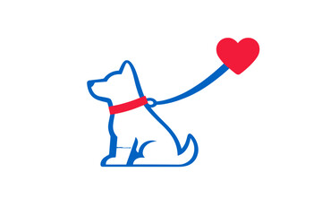 Naklejka na ściany i meble Illustration showing a dog sitting on a leash with a heart symbol attached, representing love and care for pets in a simple design
