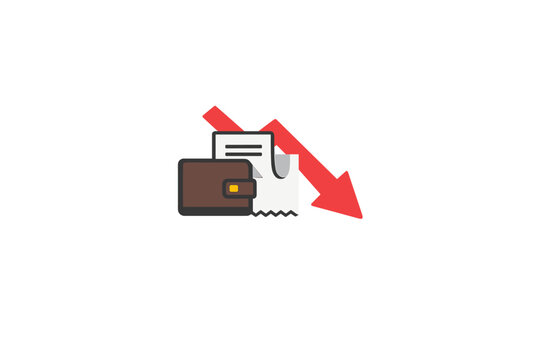 Wallet and bills with downward arrow showing decrease in money or expenses in a financial concept setting
