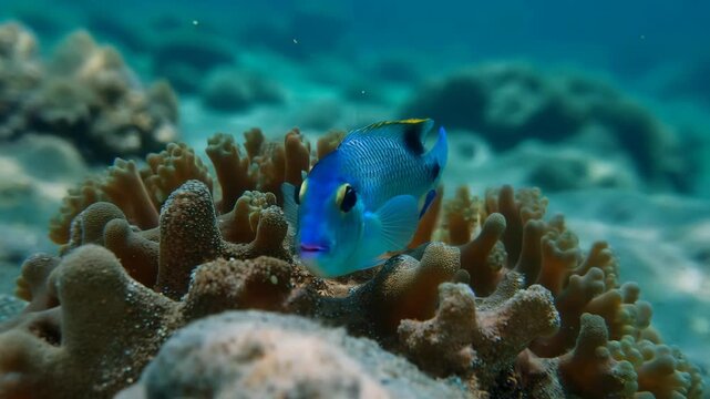 Vibrant blue damselfish exploring coral reef habitat underwater scenery