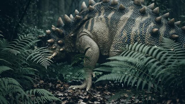 4k video of a stegosaurus in the forest.