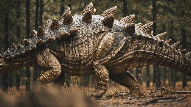 4k video of a stegosaurus in the forest.