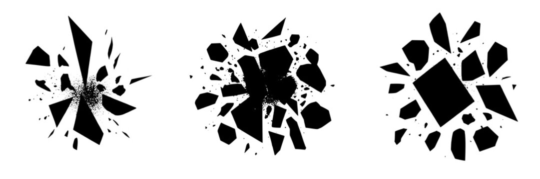 Bullet holes set with black shattered glass and exploded effects, vector illustration, isolated on white, broken window theme featuring explosion, damage, destruction with impact and violence