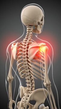 Human skeleton with highlighted shoulder pain area, viewed from behind, showcasing skeletal structure and injury