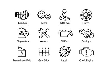 Fototapeta premium Automotive icons: gearbox, gears, shift lever, clutch, diagnostics, wrench, oil can, settings