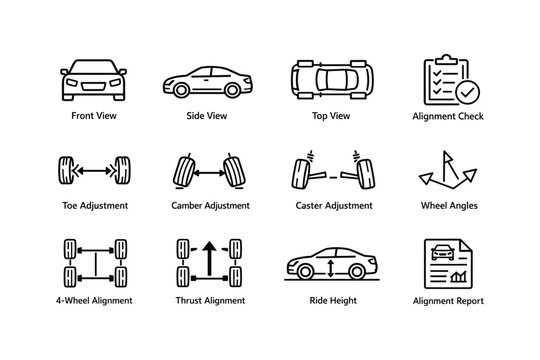 Car alignment diagram with front, side, top views and adjustment icons