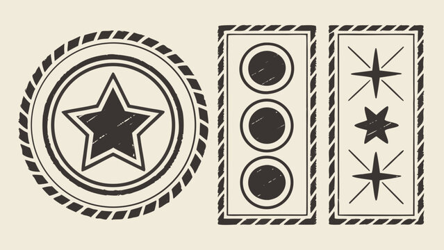 Vintage set of rubber stamps with star and geometric shapes on a light beige background