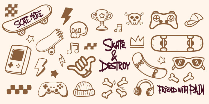 Cool skateboard and gaming doodle vector set for stickers, t-shirts, posters, and other uses.