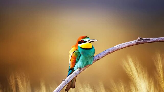 A vibrant European bee-eater perched on a dry curved branch with a blurred golden background. Its vivid plumage of turquoise, chestnut, and yellow makes it one of nature&rsquo;s most colorful birds