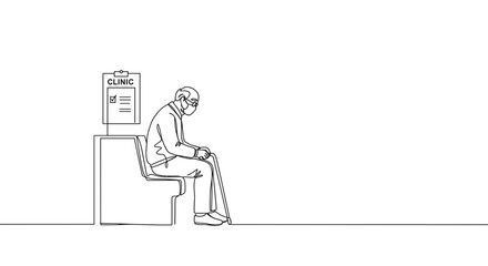 Fototapeta premium Line drawing of a man sitting alone on a bench looking down with a vending machine in a minimal indoor setting on a transparent background